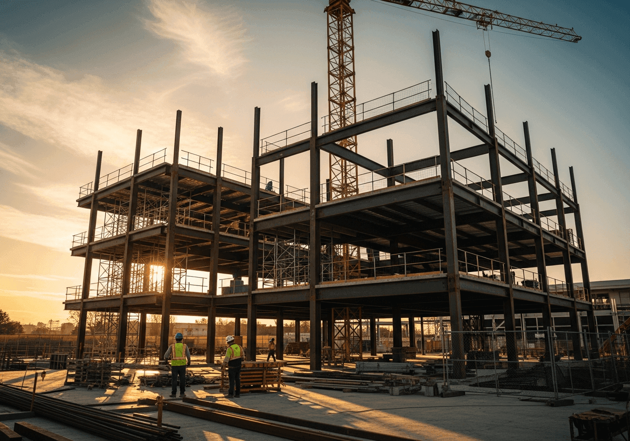 Construction job site — multiple trades coordinating on a project